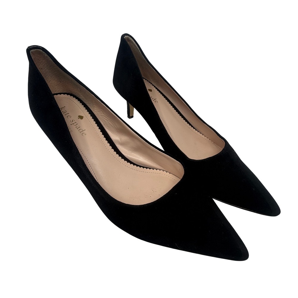 Kate Spade Falline Pumps Womens 8B Black Excellent Rhinestone Kitten Heel Suede